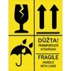 Informacinis lipdukas siunčiamų prekių pakuotės ženklinimui DŪŽTA/FRAGILE, SAUGOTI NUO DRĖGMĖS, NEVARTYTI, 75x100mm, 50 vnt., geltonos sp.
