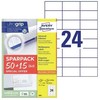 AVERY Etykiety universalus 70x37 mm balta su Ultragrip + 30% dodatkowa zawartość (65 ark x 24 vnt.)