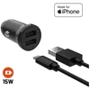 Įkroviklis Fixed Rinkinys ładowarki samochodowej FIXED s 2x gniazdo USB i kabelis USB/Lightning, 1 metr, MFi, 15W Smart Rapid Charge, juoda