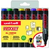 Uni-Ball „Uni Prockey“ žymeklių rinkinys, 8 vnt., kampuotas antgalis (juoda, raudona, mėlyna, žalia, geltona, ruda, oranžinė, violetinė), 5,7 mm linija - vandens pagrindo rašalas, „Waterproff“, „Fadeproff“, bekvapis rašalas