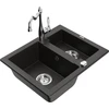 Granitinė virtuvinė plautuvė Mexen Carlos su maišytuvu ir sifonu, Metallic juodas/auksinis+Chrome