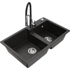 Granitinė virtuvinė plautuvė Mexen Tomas su maišytuvu ir sifonu, Metallic juodas/auksinis+Juodas/Chrome