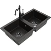 Granitinė virtuvinė plautuvė Mexen Mario su maišytuvu ir sifonu, Metallic juodas/auksinis+Juodas