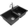 Granitinė virtuvinė plautuvė Mexen Tomas su maišytuvu ir sifonu, Metallic juodas/auksinis+Chrome