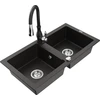 Granitinė virtuvinė plautuvė Mexen Mario su maišytuvu ir sifonu, Metallic juodas/auksinis+Juodas