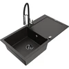 Granitinė virtuvinė plautuvė Mexen Leo su maišytuvu ir sifonu, Metallic juodas/auksinis+Juodas/Chrome