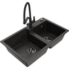 Granitinė virtuvinė plautuvė Mexen Tomas su maišytuvu ir sifonu, Metallic juodas/auksinis+Juodas