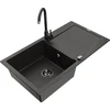 Granitinė virtuvinė plautuvė Mexen Leo su maišytuvu ir sifonu, Metallic juodas/auksinis+Juodas
