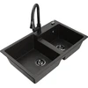 Granitinė virtuvinė plautuvė Mexen Tomas su maišytuvu ir sifonu, Metallic juodas/auksinis+Juodas