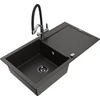 Granitinė virtuvinė plautuvė Mexen Leo su maišytuvu ir sifonu, Metallic juodas/auksinis+Juodas/Chrome