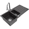 Granitinė virtuvinė plautuvė Mexen Andres su maišytuvu ir sifonu, Juodas granite+Chrome