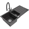 Granitinė virtuvinė plautuvė Mexen Andres su maišytuvu ir sifonu, Juodas granite+Juodas/Chrome