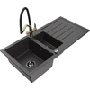 Granitinė virtuvinė plautuvė Mexen Andres su maišytuvu ir sifonu, Juodas granite+Juodas/Gold