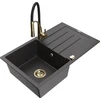 Granitinė virtuvinė plautuvė Mexen Bruno su maišytuvu ir sifonu, Juodas granite+Juodas/Gold
