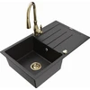 Granitinė virtuvinė plautuvė Mexen Bruno su maišytuvu ir sifonu, Metallic juodas/sidabrinis+Gold