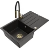 Granitinė virtuvinė plautuvė Mexen Bruno su maišytuvu ir sifonu, Metallic juodas/auksinis+Juodas/Gold