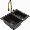 Granitinė virtuvinė plautuvė Mexen Carlos su maišytuvu ir sifonu, Metallic juodas/auksinis+Gold