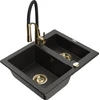 Granitinė virtuvinė plautuvė Mexen Carlos su maišytuvu ir sifonu, Metallic juodas/auksinis+Juodas/Gold