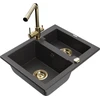 Granitinė virtuvinė plautuvė Mexen Carlos su maišytuvu ir sifonu, Juodas granite+Gold