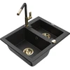 Granitinė virtuvinė plautuvė Mexen Carlos su maišytuvu ir sifonu, Metallic juodas/sidabrinis+Juodas/Gold