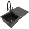 Granitinė virtuvinė plautuvė Mexen Cesar su maišytuvu ir sifonu, Metallic juodas/auksinis+Juodas/Gold