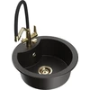 Granitinė virtuvinė plautuvė Mexen Diego su maišytuvu ir sifonu, Metallic juodas/auksinis+Juodas/Gold