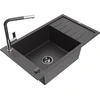 Granitinė virtuvinė plautuvė Mexen Elias su maišytuvu ir sifonu, Juodas granite+Juodas granite/Chrome