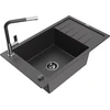 Granitinė virtuvinė plautuvė Mexen Elias su maišytuvu ir sifonu, Juodas granite+Juodas/Chrome