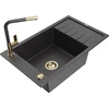 Granitinė virtuvinė plautuvė Mexen Elias su maišytuvu ir sifonu, Juodas granite+Juodas granite/Gold