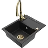 Granitinė virtuvinė plautuvė Mexen Enzo su maišytuvu ir sifonu, Metallic juodas/sidabrinis+Gold