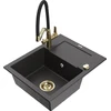 Granitinė virtuvinė plautuvė Mexen Enzo su maišytuvu ir sifonu, Juodas granite+Juodas/Gold