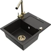 Granitinė virtuvinė plautuvė Mexen Enzo su maišytuvu ir sifonu, Metallic juodas/auksinis+Gold