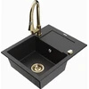 Granitinė virtuvinė plautuvė Mexen Enzo su maišytuvu ir sifonu, Metallic juodas/sidabrinis+Gold