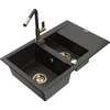 Granitinė virtuvinė plautuvė Mexen Gaspar su maišytuvu ir sifonu, Metallic juodas/auksinis+Juodas/Gold