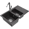 Granitinė virtuvinė plautuvė Mexen Gaspar su maišytuvu ir sifonu, Juodas granite+Juodas granite/Chrome