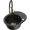 Granitinė virtuvinė plautuvė Mexen Kevin su maišytuvu ir sifonu, Metallic juodas/auksinis+Juodas/Gold