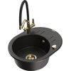 Granitinė virtuvinė plautuvė Mexen Kevin su maišytuvu ir sifonu, Metallic juodas/auksinis+Juodas/Gold