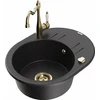 Granitinė virtuvinė plautuvė Mexen Kevin su maišytuvu ir sifonu, Metallic juodas/sidabrinis+Gold