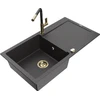 Granitinė virtuvinė plautuvė Mexen Leo su maišytuvu ir sifonu, Juodas granite+Juodas granite/Gold