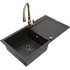 Granitinė virtuvinė plautuvė Mexen Leo su maišytuvu ir sifonu, Metallic juodas/auksinis+Gold