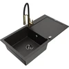 Granitinė virtuvinė plautuvė Mexen Leo su maišytuvu ir sifonu, Metallic juodas/auksinis+Juodas/Gold