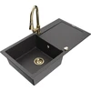 Granitinė virtuvinė plautuvė Mexen Leo su maišytuvu ir sifonu, Juodas granite+Gold