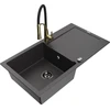 Granitinė virtuvinė plautuvė Mexen Leo su maišytuvu ir sifonu, Juodas granite+Juodas/Gold