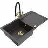 Granitinė virtuvinė plautuvė Mexen Leo su maišytuvu ir sifonu, Juodas granite+Juodas/Gold