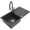 Granitinė virtuvinė plautuvė Mexen Leo su maišytuvu ir sifonu, Juodas granite+Juodas/Chrome