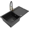 Granitinė virtuvinė plautuvė Mexen Leo su maišytuvu ir sifonu, Metallic juodas/sidabrinis+Juodas/Gold
