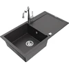Granitinė virtuvinė plautuvė Mexen Leo su maišytuvu ir sifonu, Juodas granite+Chrome