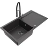 Granitinė virtuvinė plautuvė Mexen Leo su maišytuvu ir sifonu, Juodas granite+Juodas/Chrome