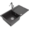 Granitinė virtuvinė plautuvė Mexen Leo su maišytuvu ir sifonu, Juodas granite+Juodas granite/Chrome