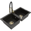Granitinė virtuvinė plautuvė Mexen Mario su maišytuvu ir sifonu, Metallic juodas/auksinis+Juodas/Gold